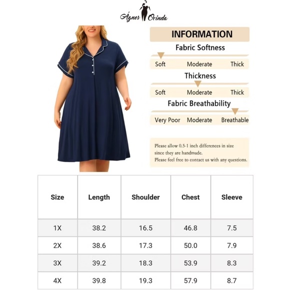 Plus Size Short Sleeve Button Down Navy nightgown with White Piping  1X - Picture 7 of 7